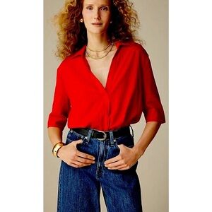 J.Crew Bright Red Linen Popover Shirt Blouse | Size Small | Collared Tunic Style
